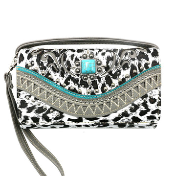 Leopard Print Western Concho Trifold Clutch Crossbody Wallet