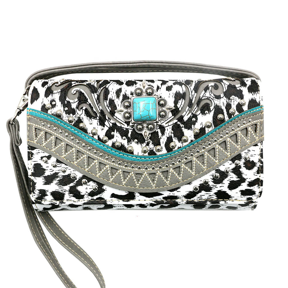 Multi Functional Leopard Print Western Concho Trifold Clutch Crossbody Wallet