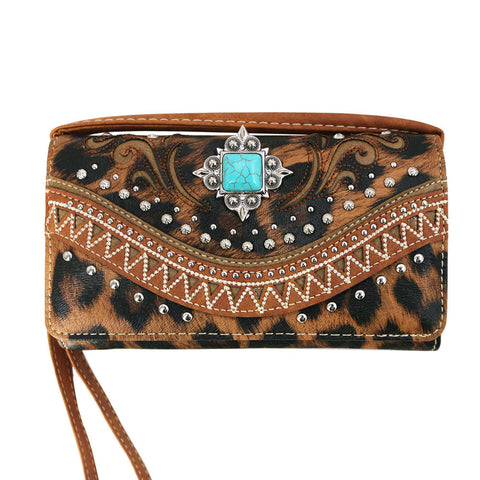 Multi Functional Leopard Print Western Concho Trifold Clutch Crossbody Wallet