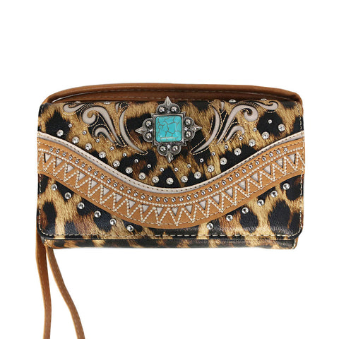 Multi Functional Leopard Print Western Concho Trifold Clutch Crossbody Wallet