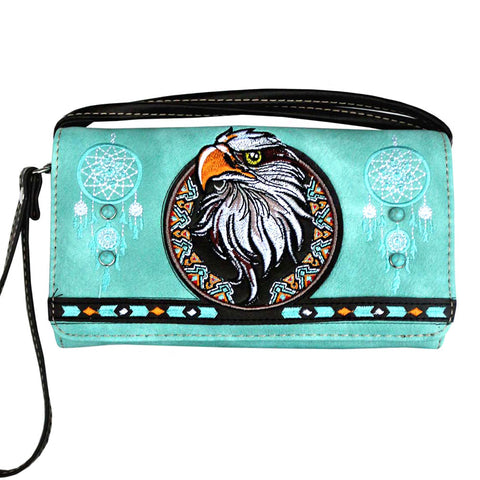 Multi Functional Eagle Embroidery Trifold Clutch Crossbody Wallet
