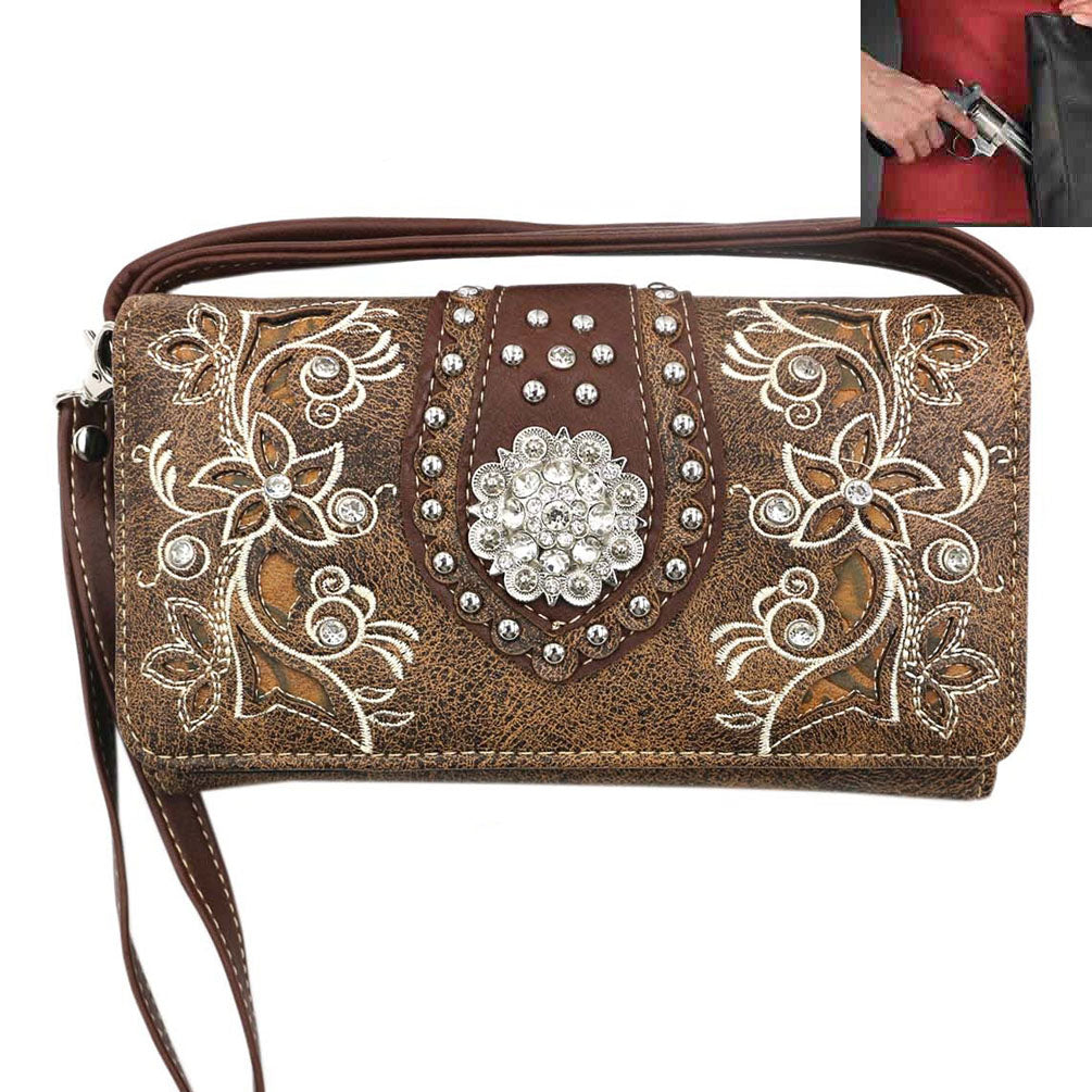 Multi Functional Western Concho Embroidery Trifold Clutch Crossbody Wallet