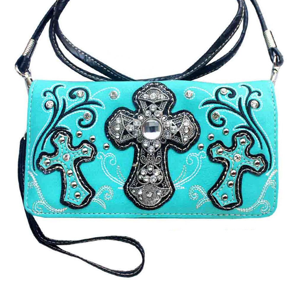 Multi Functional Cross Embroidery Trifold Clutch Crossbody Wallet