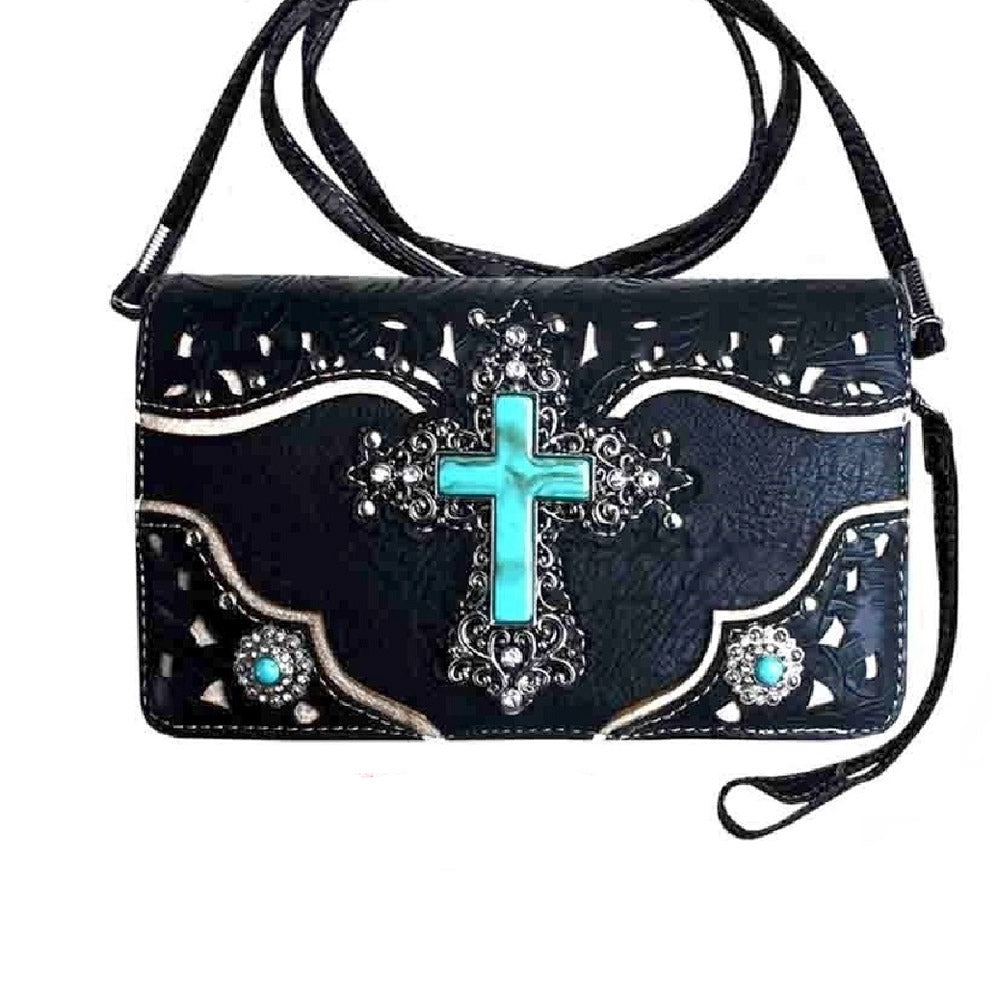 Multi Functional Western Turquoise Stone Cross Concho Trifold  Clutch Crossbody Wallet
