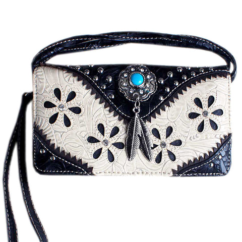 Multi Functional Western Concho Cut Out Trifold  Clutch Crossbody Wallet