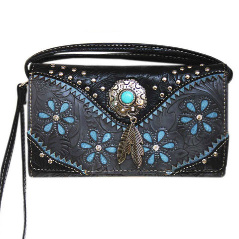 Multi Functional Western Concho Cut Out Trifold  Clutch Crossbody Wallet