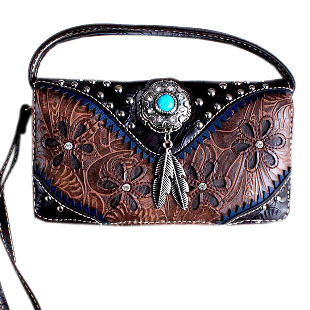 Multi Functional Western Concho Cut Out Trifold  Clutch Crossbody Wallet