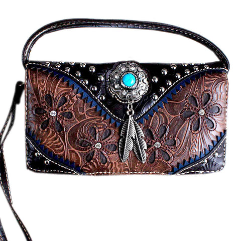 Multi Functional Western Concho Cut Out Trifold  Clutch Crossbody Wallet