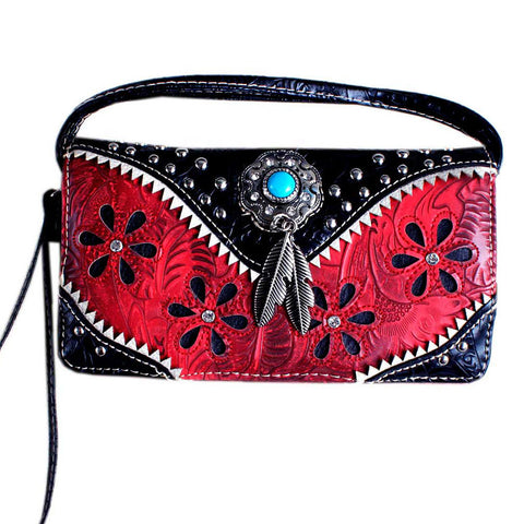 Multi Functional Western Concho Cut Out Trifold  Clutch Crossbody Wallet