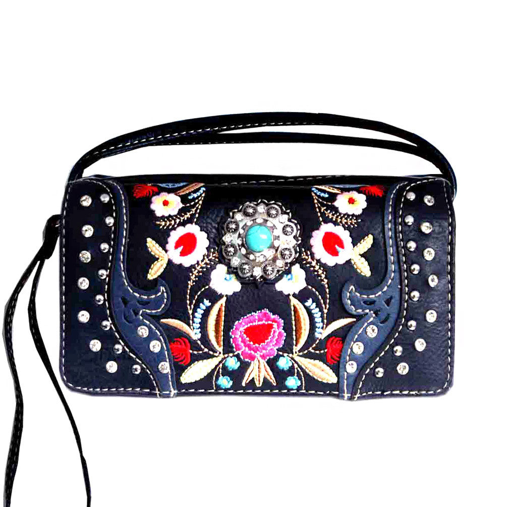Multi Functional Western Concho Flowerl Embroidery Trifold Clutch Crossbody Wallet