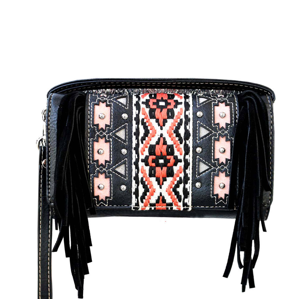 Multi Functional Aztec Embroidery Trifold Clutch Crossbody Wallet