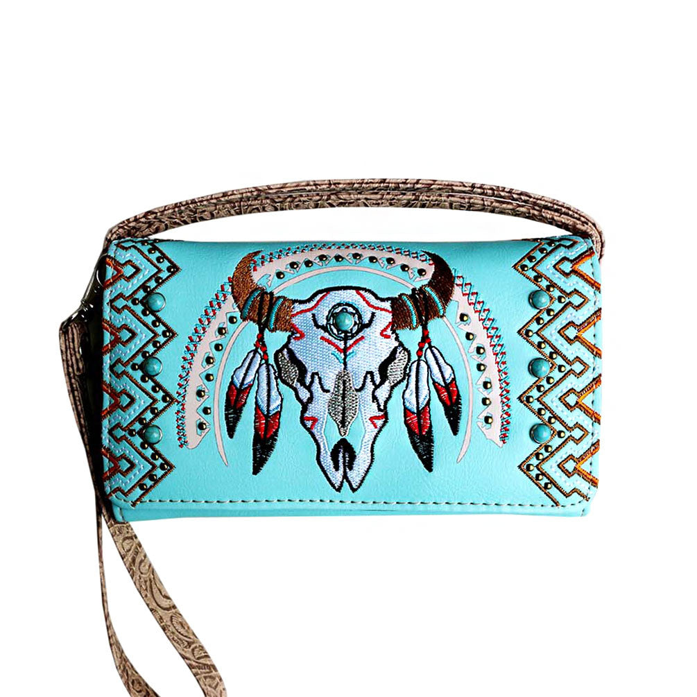 Multi Functional Aztec Skull Embroidery Trifold Clutch Crossbody Wallet