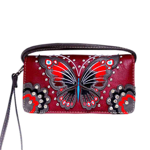 Multi Functional Butterfly Embroidery Trifold Clutch Crossbody Wallet