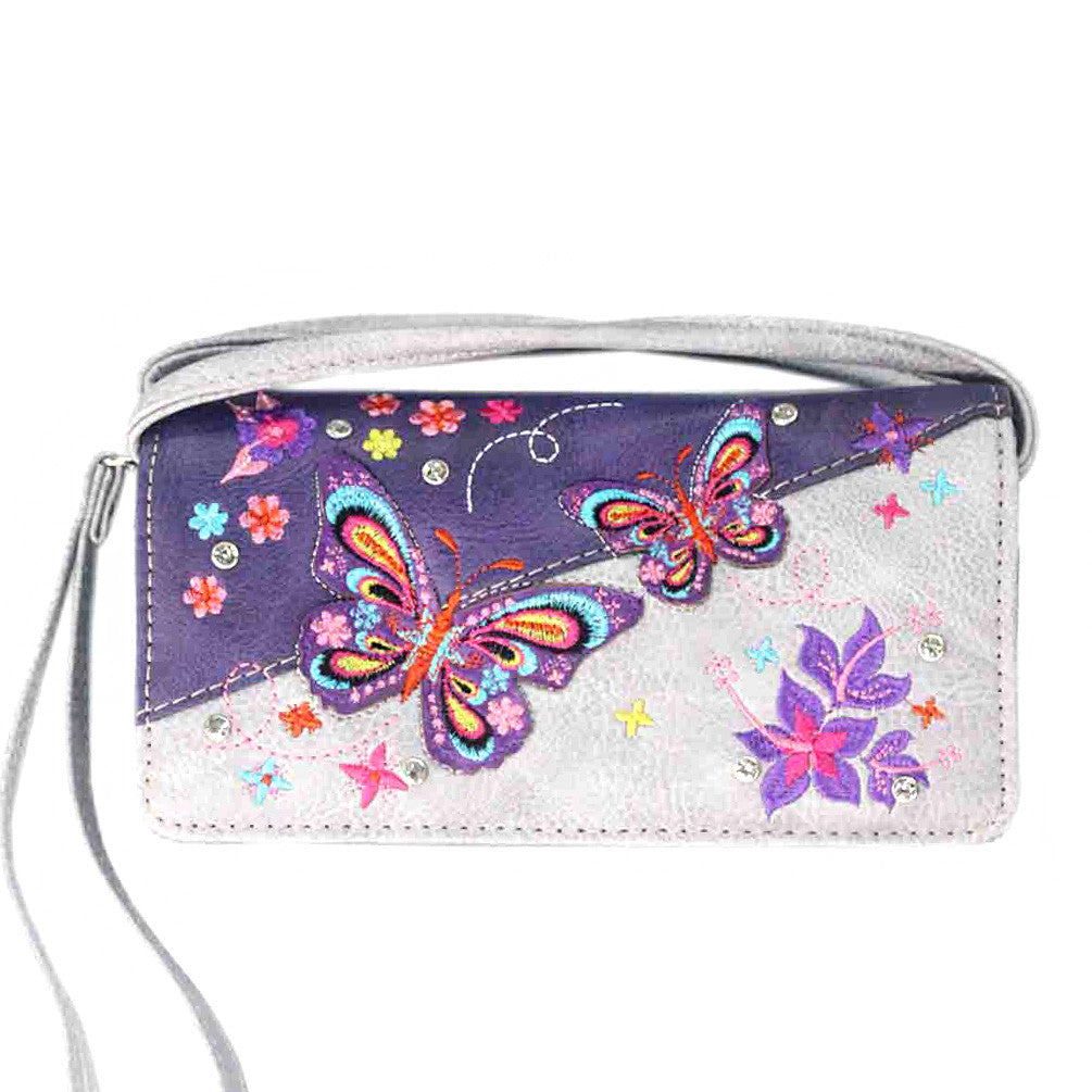 Multi Functional Butterfly Embroidery Trifold  Clutch Crossbody Wallet