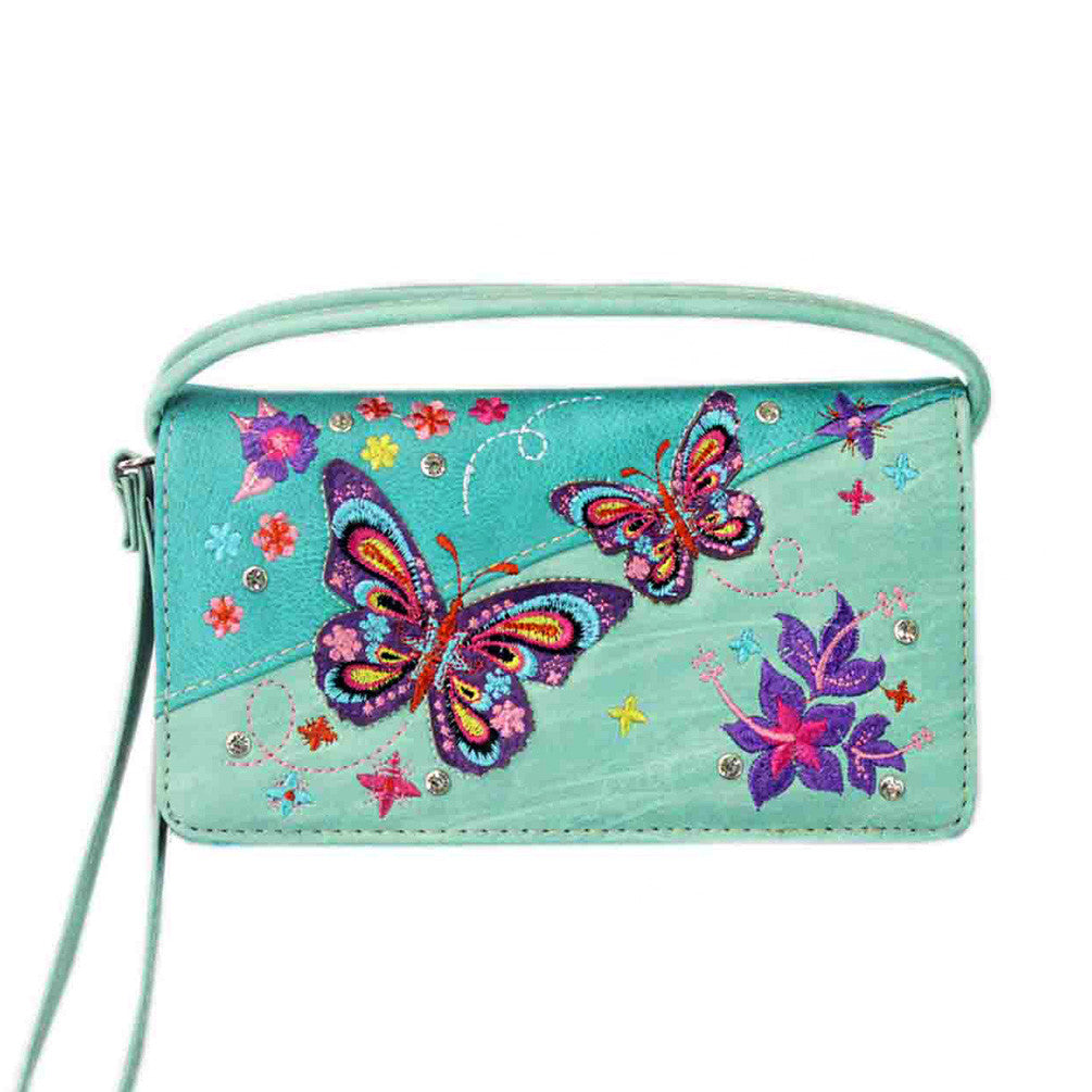 Multi Functional Butterfly Embroidery Trifold  Clutch Crossbody Wallet