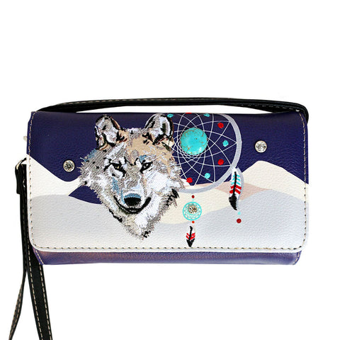Wolf Embroidery Multi Functional Trifold Clutch Crossbody Wallet