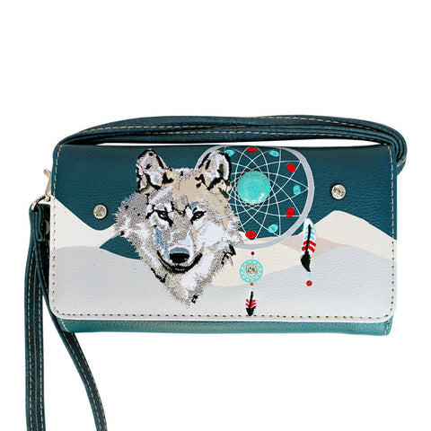Wolf Embroidery Multi Functional Trifold Clutch Crossbody Wallet