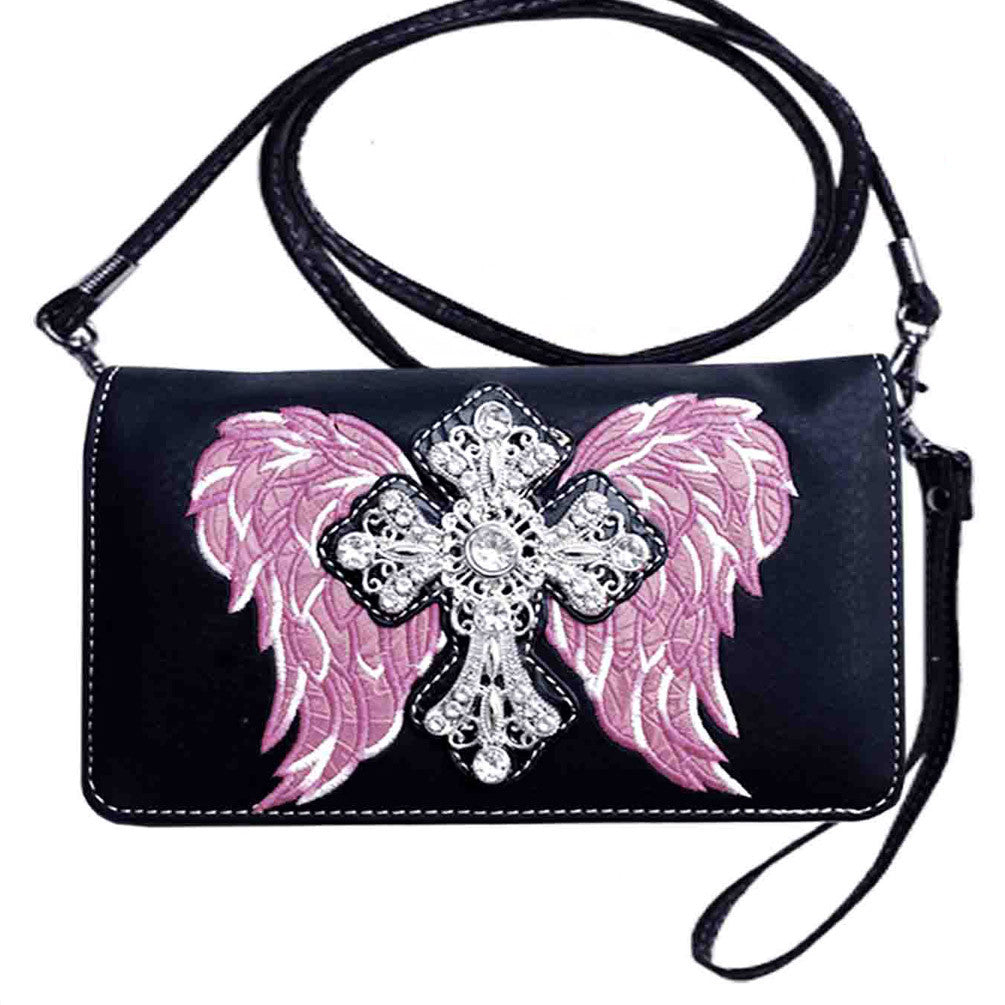 Multi Functional Spiritual Cross Wing Embroidery Trifold Clutch Crossbody Wallet