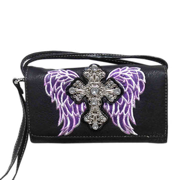 Spiritual Cross Wing Embroidery Trifold Clutch Crossbody Wallet