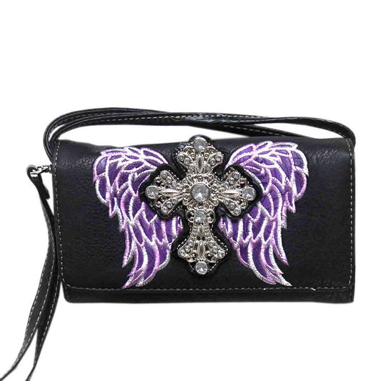 Spiritual Cross Wing Embroidery Trifold Clutch Crossbody Wallet