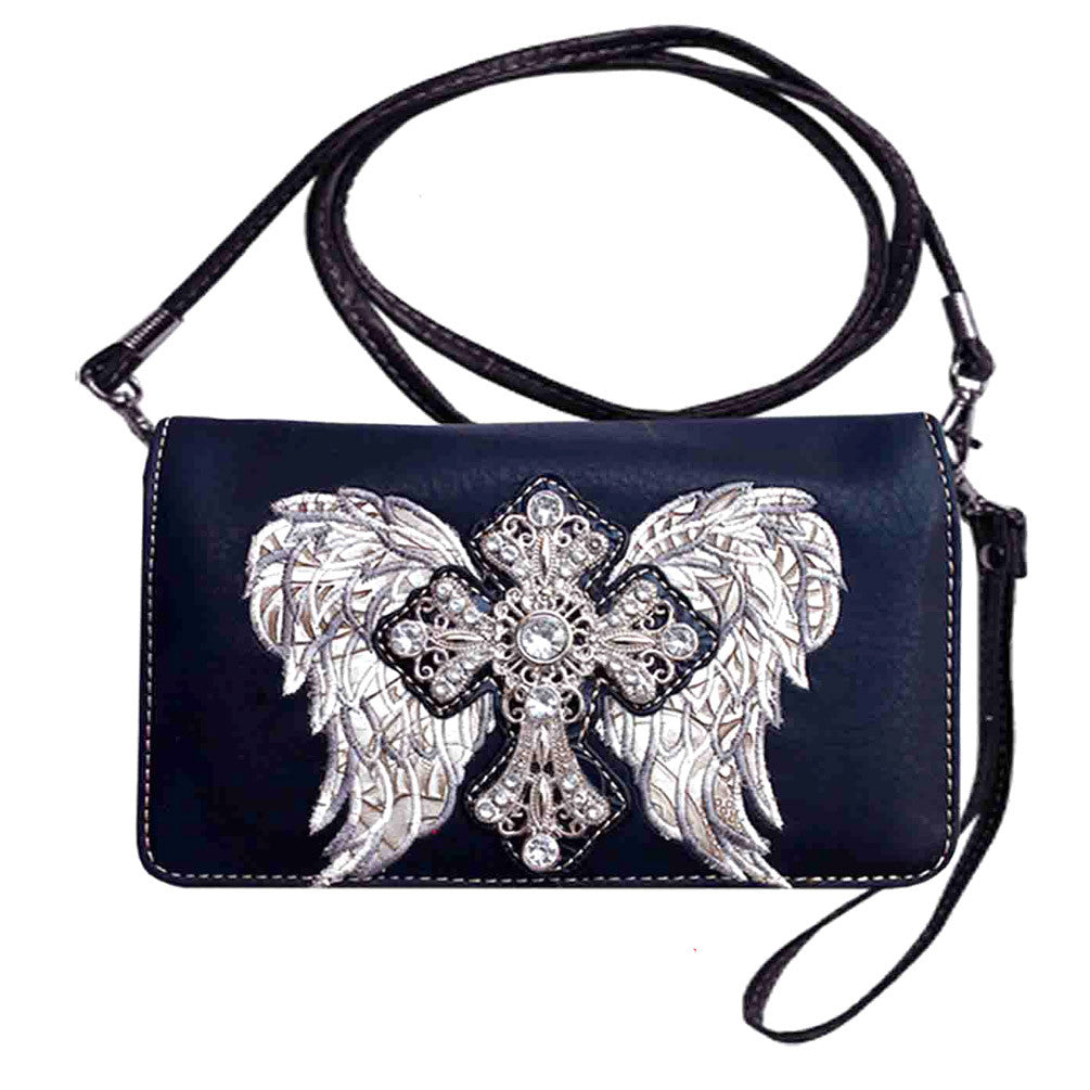 Multi Functional Spiritual Cross Wing Embroidery Trifold Clutch Crossbody Wallet