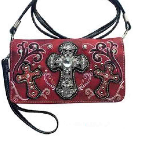 Multi Functional Cross Embroidery Trifold Clutch Crossbody Wallet