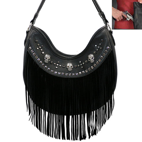 Concealed Carry Skull Fringe Quilted Shoulder Bag