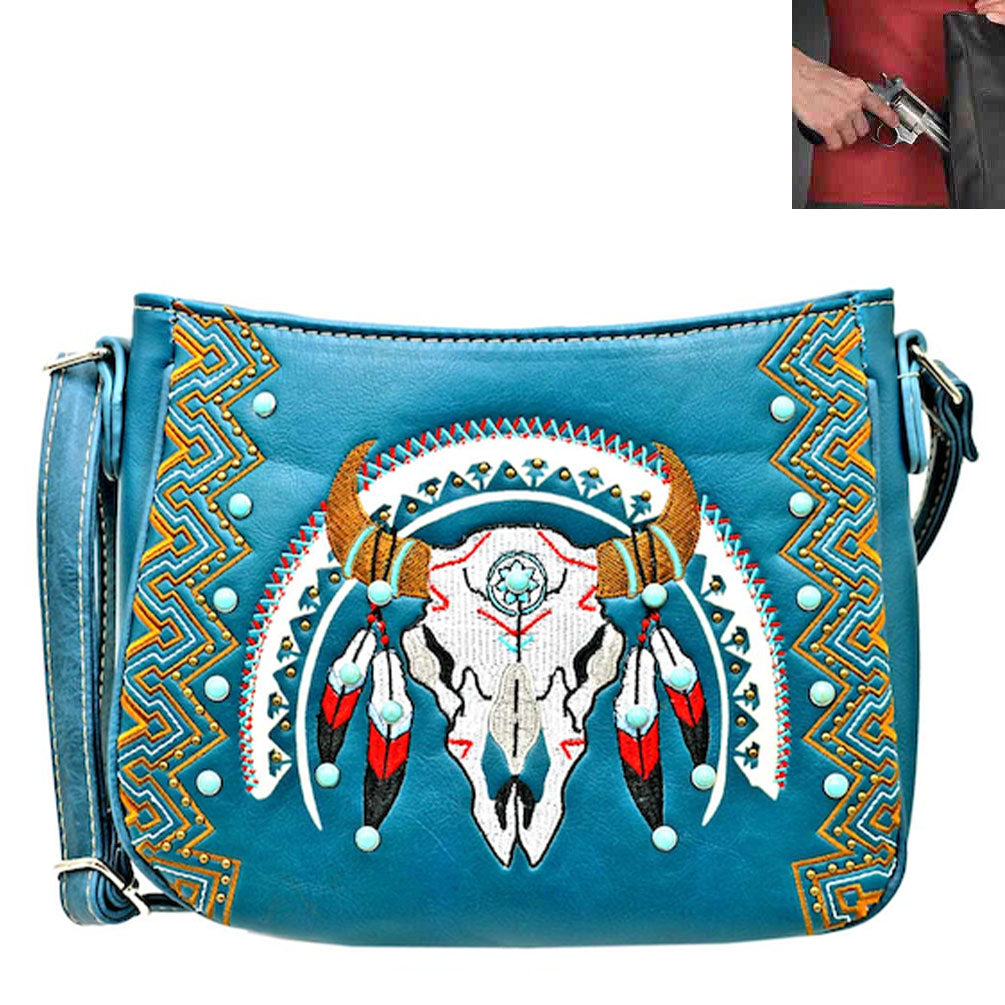 Concealed Carry Western Cow Skull Embroidery Crossbody Bag