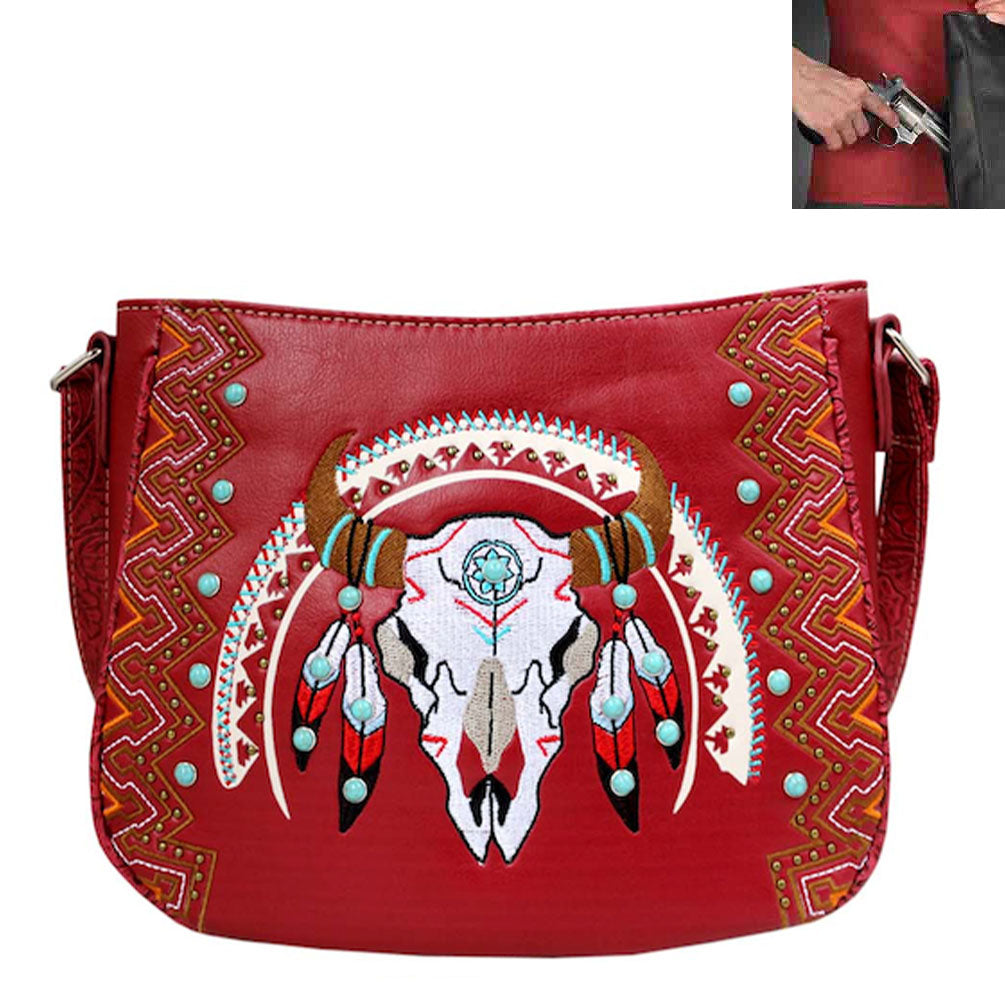 Concealed Carry Western Cow Skull Embroidery Crossbody Bag
