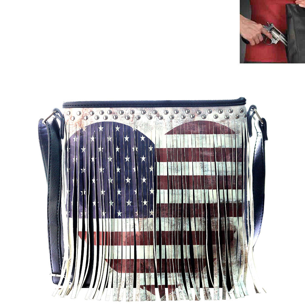Concealed Carry Western U.S. Flag Fringe Rhinestone Studded Crossbody Bag