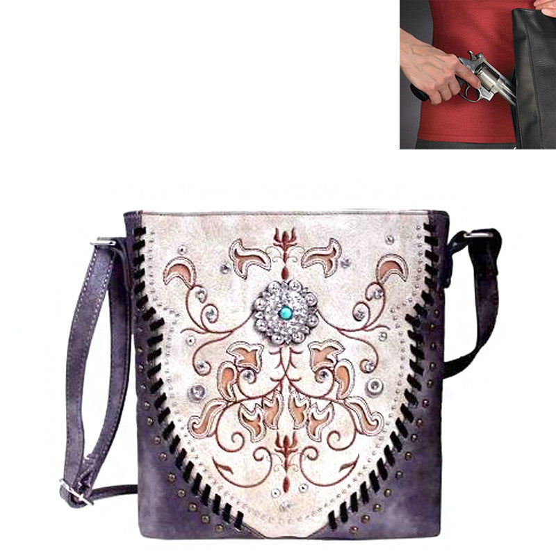 Concealed Carry Concho Floral Embroidery Crossbody Bag