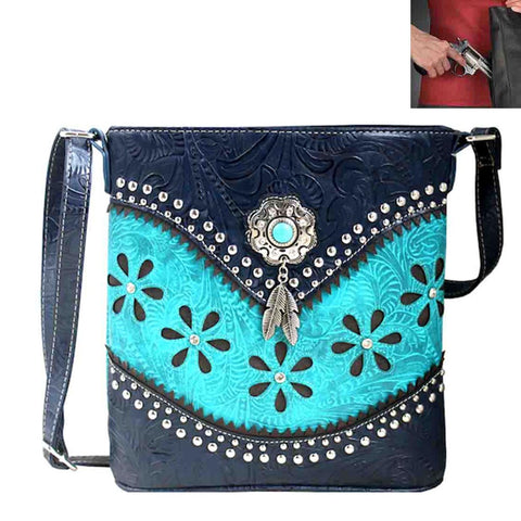 Concealed Carry Concho Tooling Floral Cut-out Crossbody Bag