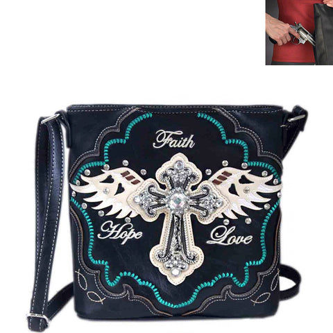 Concealed Carry Rhinestone Spiritual Cross Wing Design Tooling Crossbody Bag