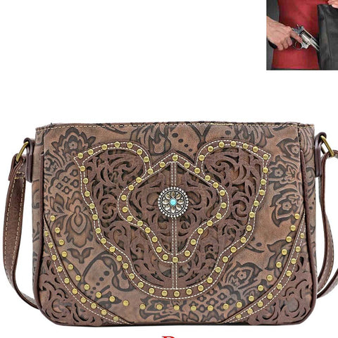 Concealed Carry Western Concho Tooling Studded Crossbody Bag