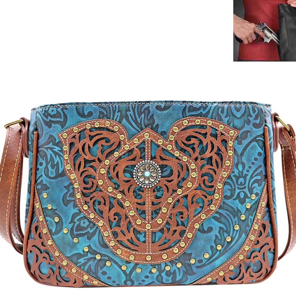 Concealed Carry Western Concho Tooling Studded Crossbody Bag