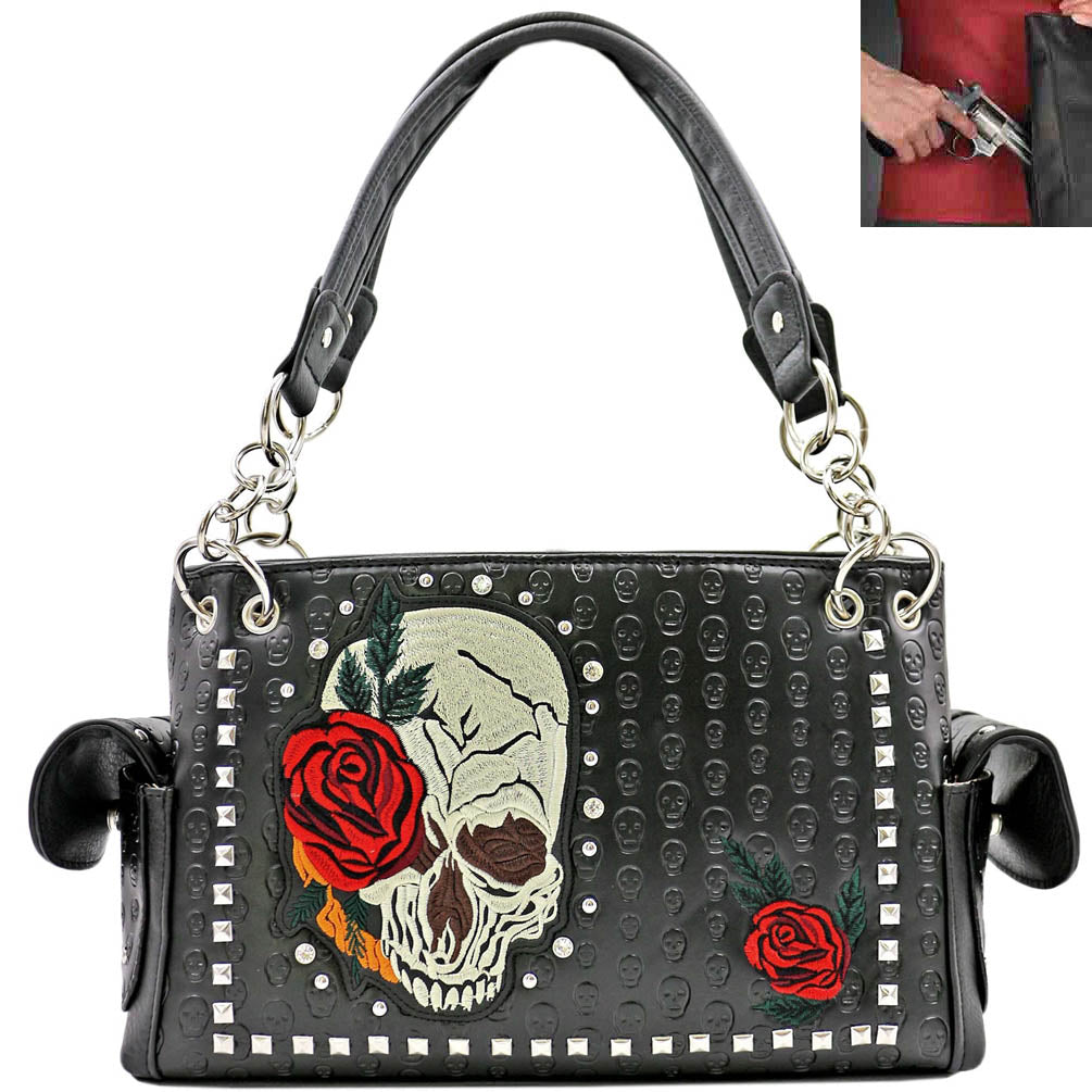 Concealed Carry Sugar Skull Rose Embroidery Embosed Studded Shoulder Bag