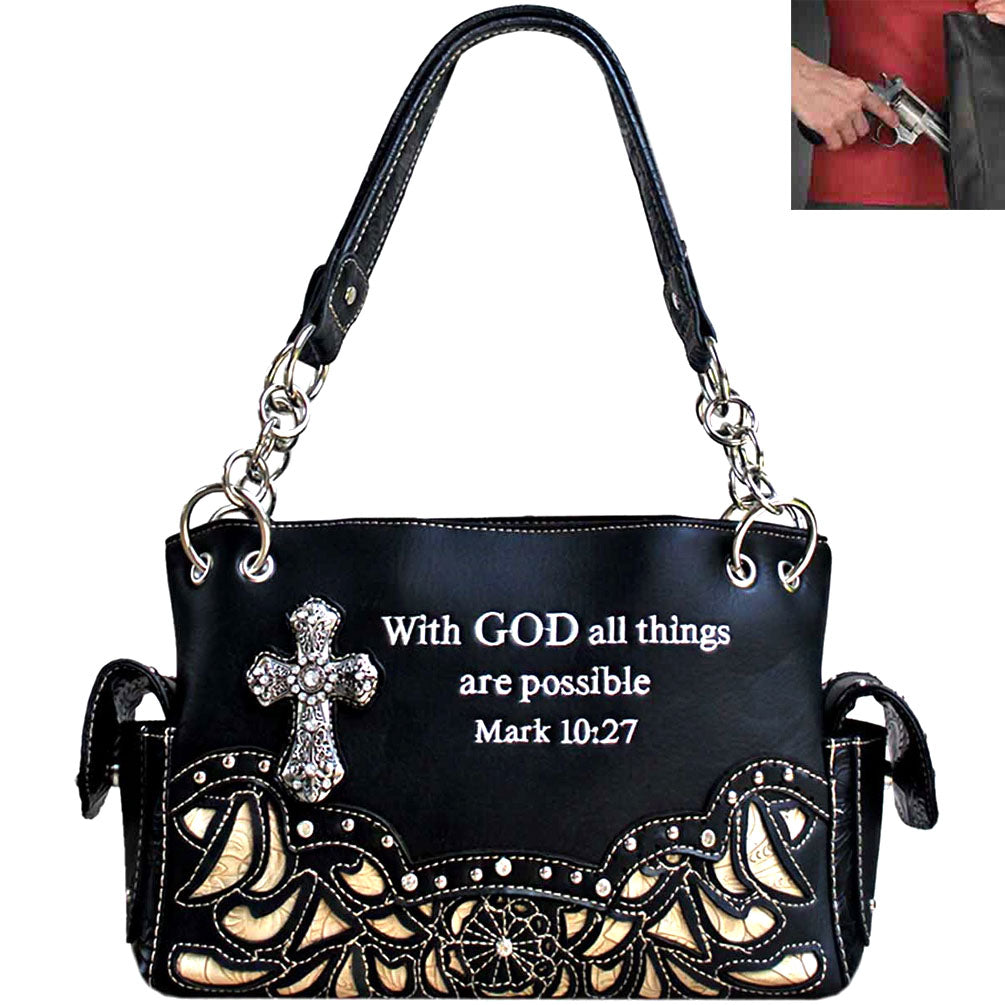 Concealed Carry Western Spiritual Cross Bible Verse Floral Design Shoulder Bag