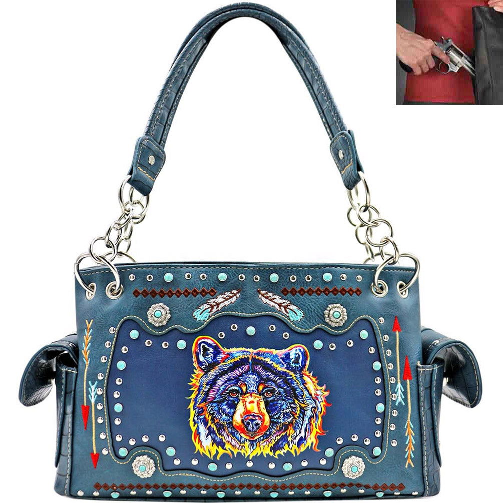 Concealed Carry Bear Head Print Turquoise Stone Studded Shoulder Bag