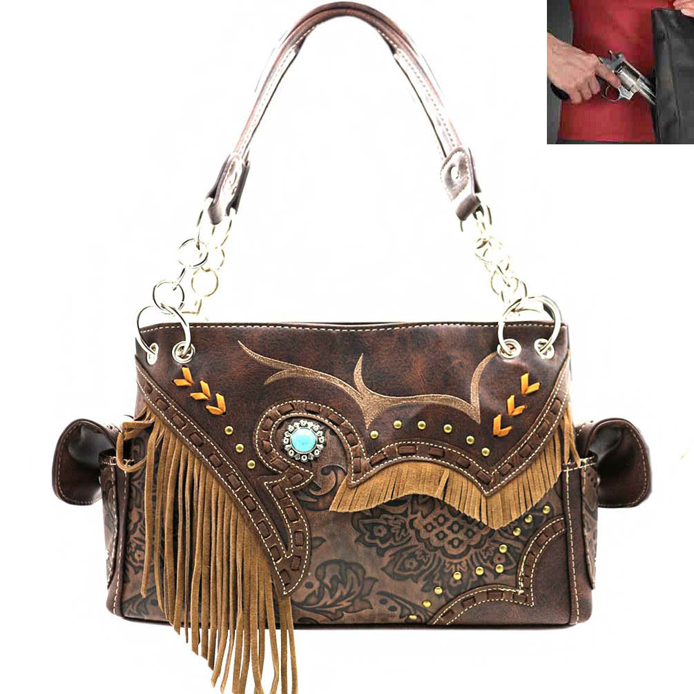 Concealed Carry Western Fringe Concho Tooling Shoulder Bag