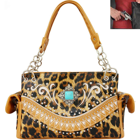 Concealed Carry Leopard Print Turquoise Stoned Western Shoulder Bag