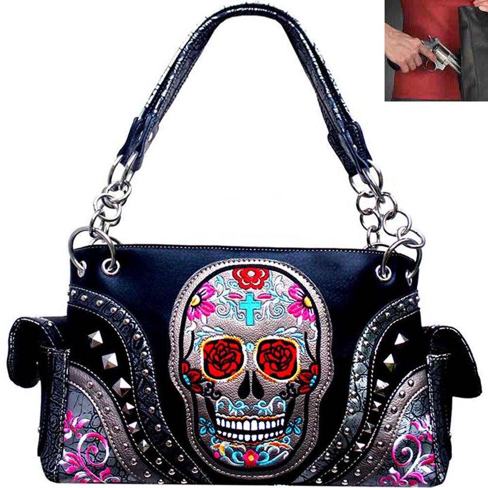 Concealed Carry Sugar Skull Embroidery Studded Shoulder Bag