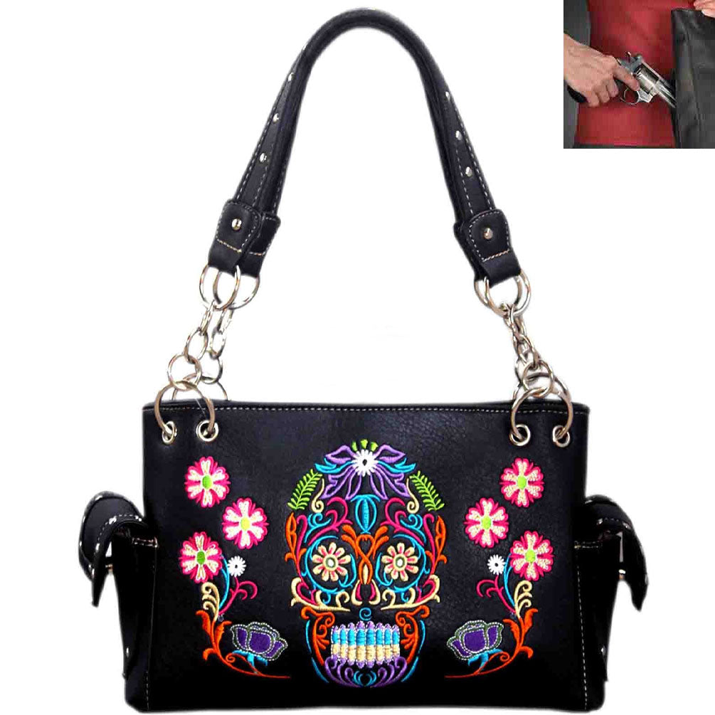 Concealed Carry Sugar Skull Embroidery Studded Shoulder Bag