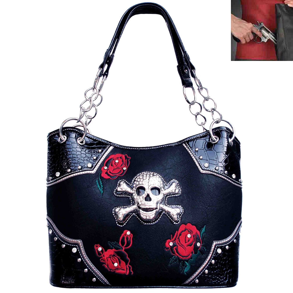 Concealed Carry Sugar Skull Rose Embroidery Studded Shoulder Bag