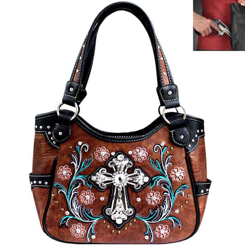 Concealed Carry Western Rhinstone Cross Flower Embroidery Tote Shoulder Bag