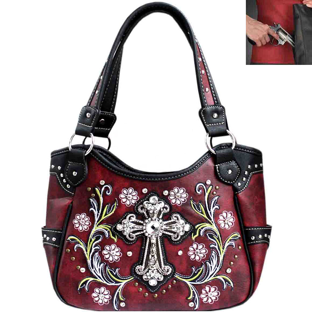 Concealed Carry Western Rhinstone Cross Flower Embroidery Tote Shoulder Bag