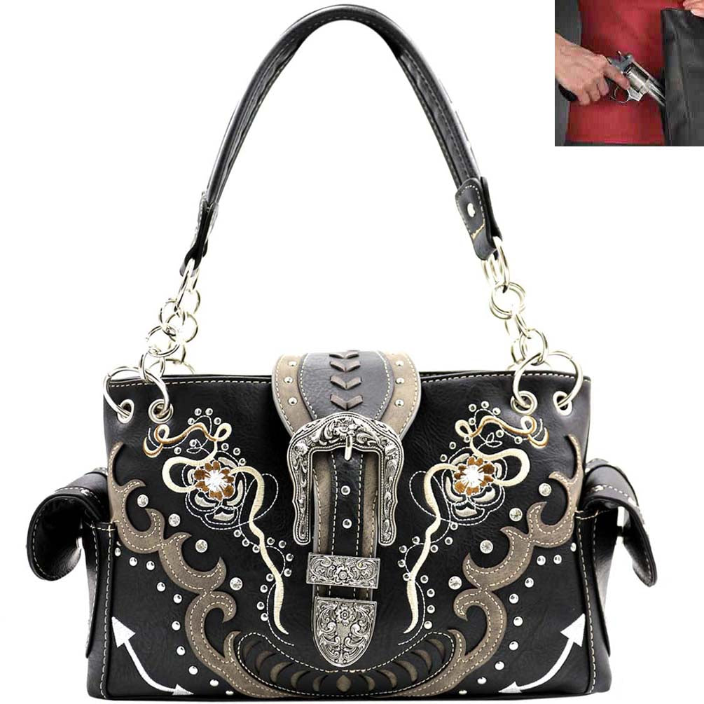 Concealed Carry Western Buckle Floral Design Shoulder Bag