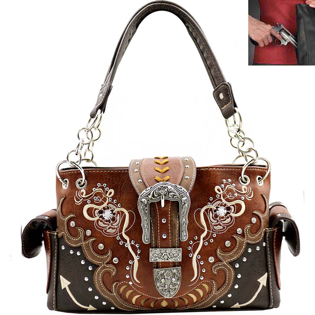 Concealed Carry Western Buckle Floral Design Shoulder Bag