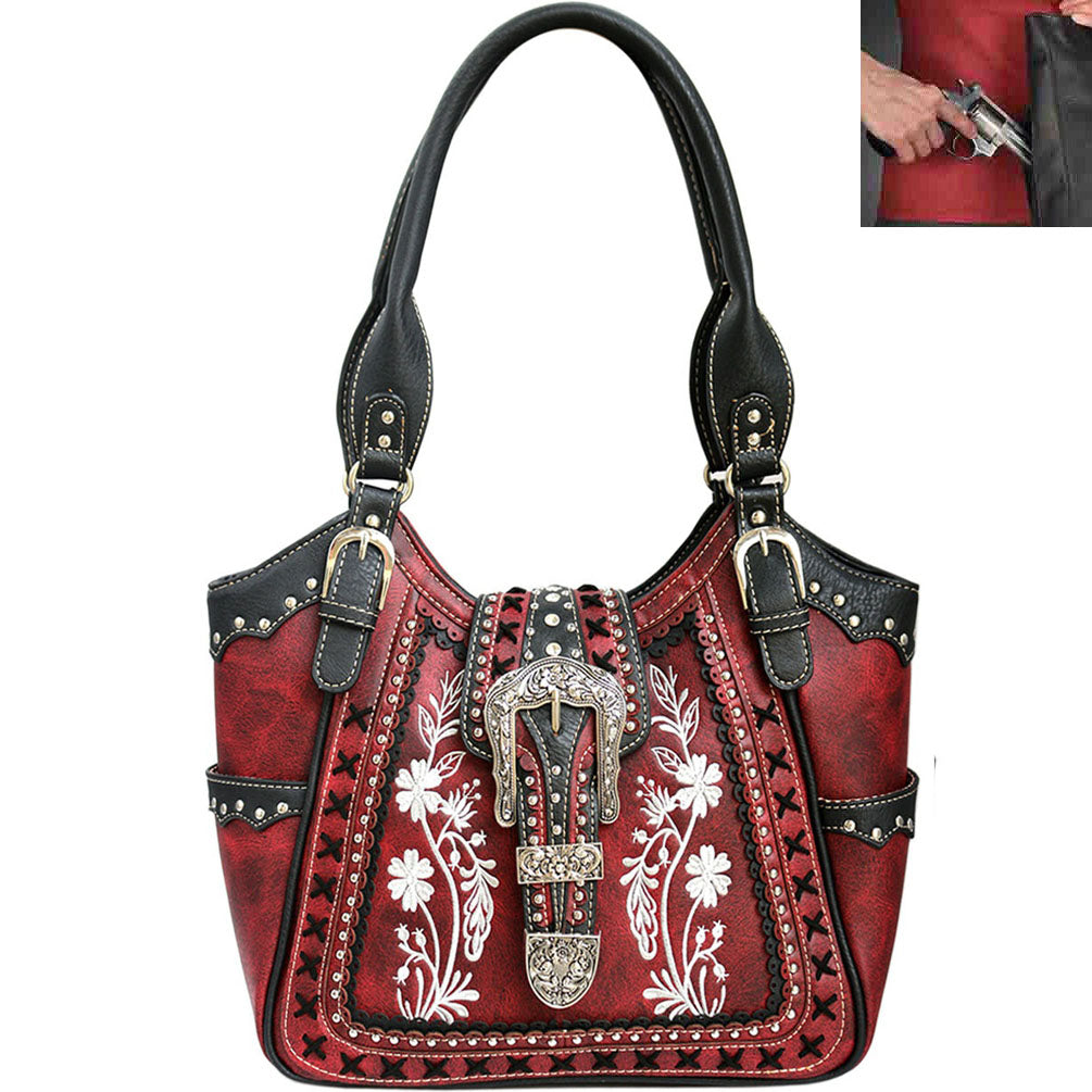 Concealed Carry Western Bucklel Floral Embroidery Shoulder Tote Bag