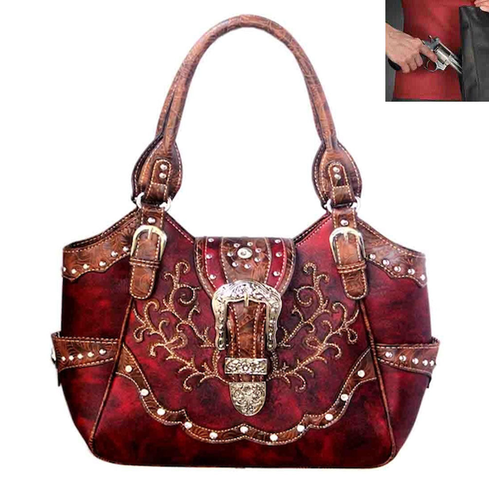 Concealed Carry Western Bucklel Floral Embroidery Shoulder Tote Bag