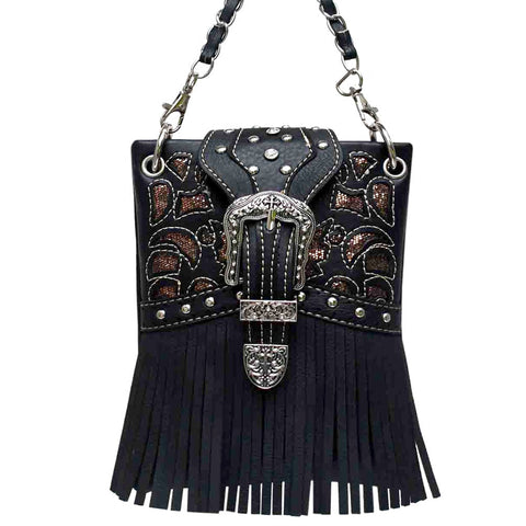Western Buckle Fringe Studded Mini Crossbody Bag